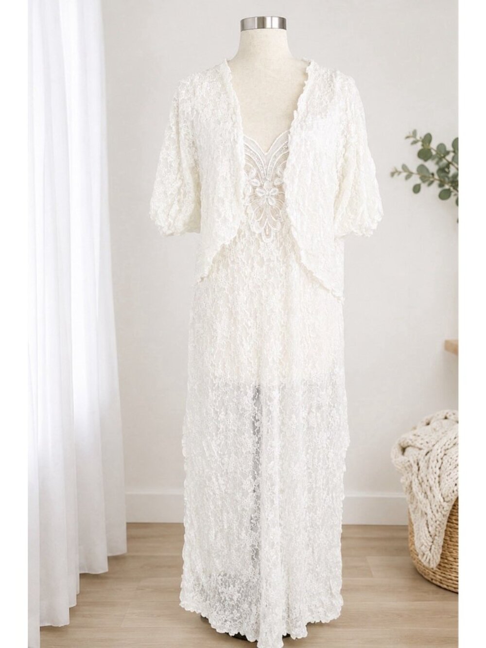 Vtg Cinema Etoile Bridal White Beaded Slip Nightgown Shrug Set Fairy Sissy Mesh